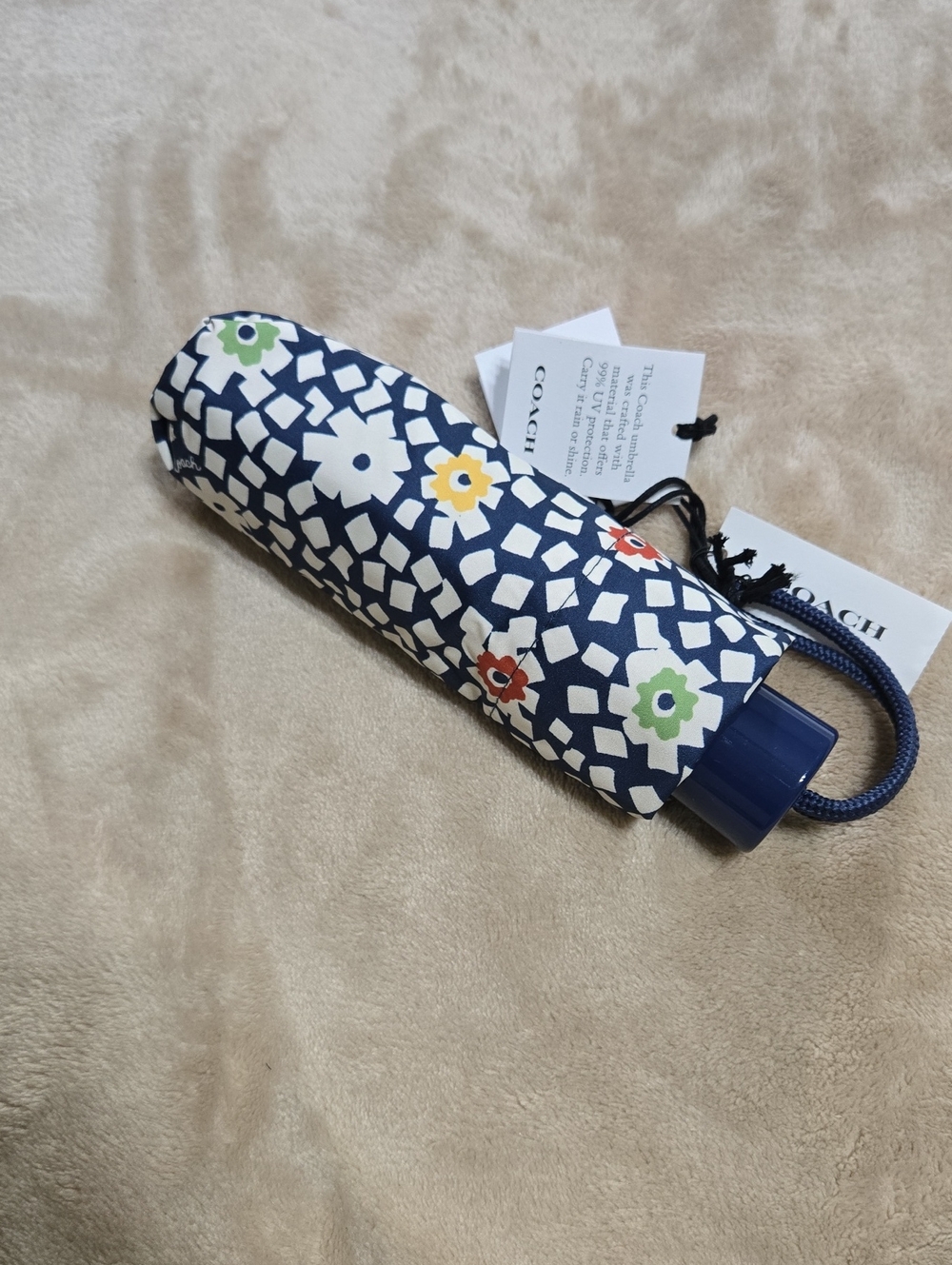Coach Navy Print Umbrella with Colorful Flowers